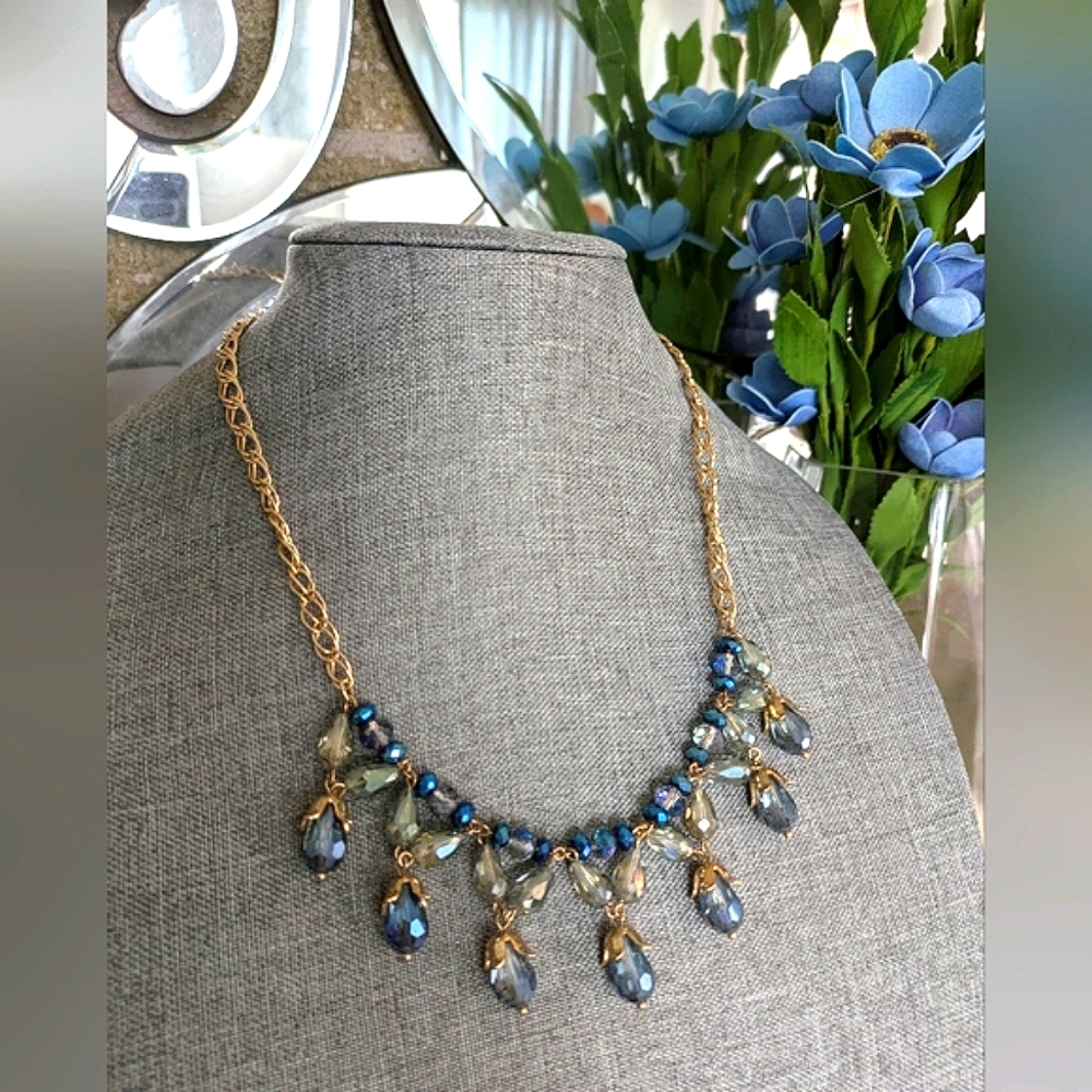 Sparling, Blue Beaded Faceted Necklace, - Picture 3 of 10